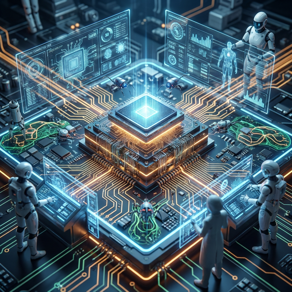 Robots and small mechanical spiders interacting with a glowing CPU on a circuit board.