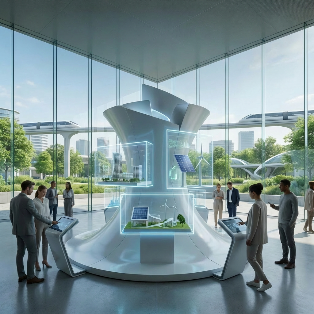 FRIEDENSTIFTENDE INNOVATIONEN FUTURISTISCHE KOMPOSITION. People viewing sustainable technology displays in a futuristic atrium.